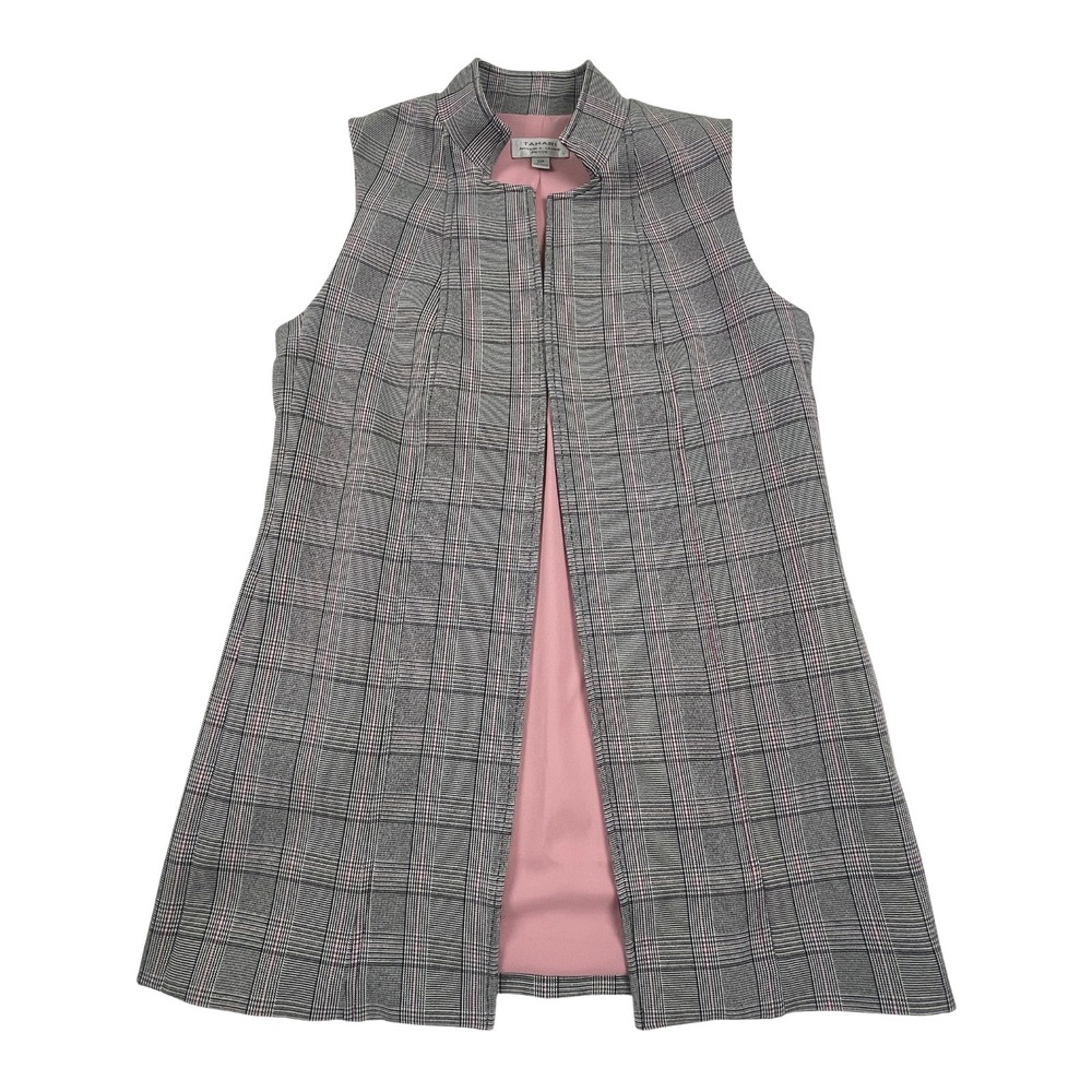 Tahari Womens 0P Glen Plaid Open Front Longline Gray Pink Lined Sleeveless Vest